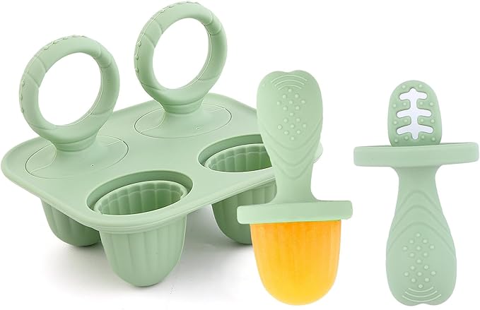 Silicone Popsicle Molds, Mini Breastmilk Popsicle Molds with Sticks, Frozen Breast Milk Teether Popsicle Maker Ice Pop Molds for Infant Feeding Spoon (1Set-Green)