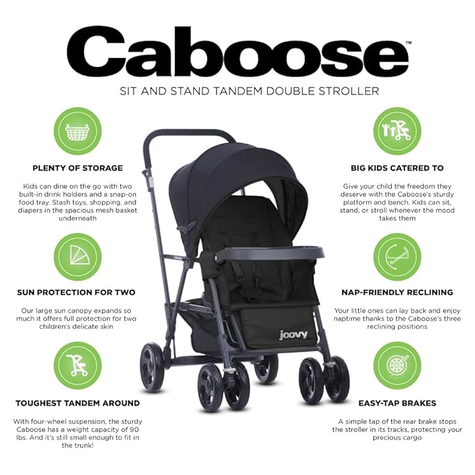 Joovy Caboose Sit and Stand Double Stroller with Rear Bench and Standing Platform, 3-Way Reclining Seats, Optional Rear Seat, and Universal Car Seat Adapter (Black)