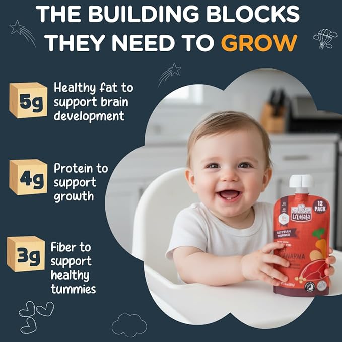 Li'l Hala Foods - Baby Meat Pouches - Toddler Meals with Meat – Protein & Healthy Fats Puree – No Hormones – 6+ Months – 3.5 oz (12 Pack) (Beef Shawarma)