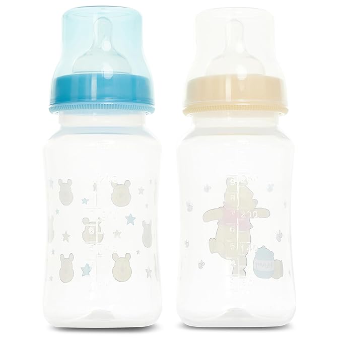 Disney Baby Bottles and Pacifiers Set – 2 Hourglass-Shaped 11oz Bottles + 2 Orthodontic Pacifiers – Officially Licensed Mickey, Minnie, Pooh & Dumbo Designs – BPA-Free Feeding Gift Set