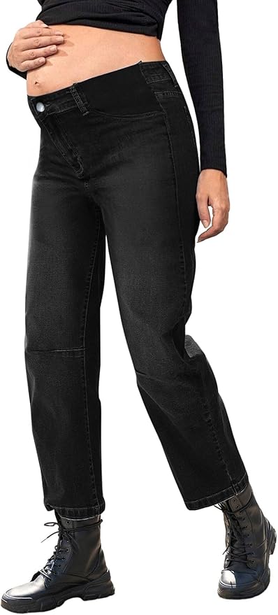 BLENCOT Women's Maternity Jeans Elastic Hight Waist Stretch Barrel Jeans Wide Leg Side Panel Pregnancy Denim Pants