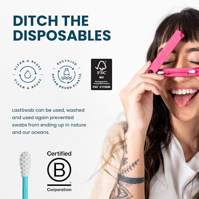 LastSwab® Reusable Cotton Swabs for Ear Cleaning - Sanitary Alternative to Single-Use Q Tips - Easy to Clean - Comes with a Convenient Travel Case Holder - Blue
