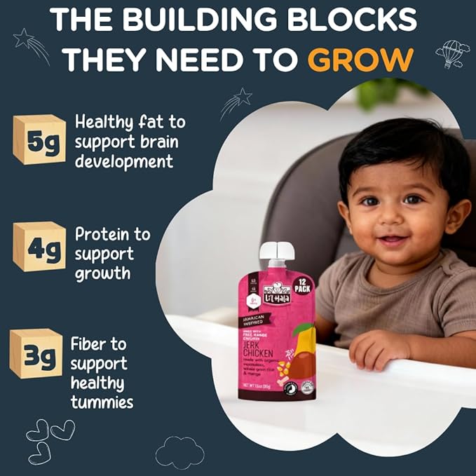 Li'l Hala Foods - Baby Meat Pouches - Toddler Meals with Meat – Protein & Healthy Fats Puree – No Hormones – 6+ Months – 3.5 oz (12 Pack) (Jerk Chicken)