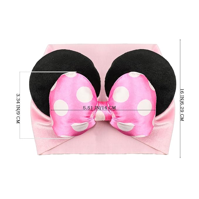 JIAHANG 3D Baby Girl Mouse Ears Turban Headwrap with Satin Polka Dot Bow, Wide Velvet Hairband, Hair Bow Headband for Infant Toddlers
