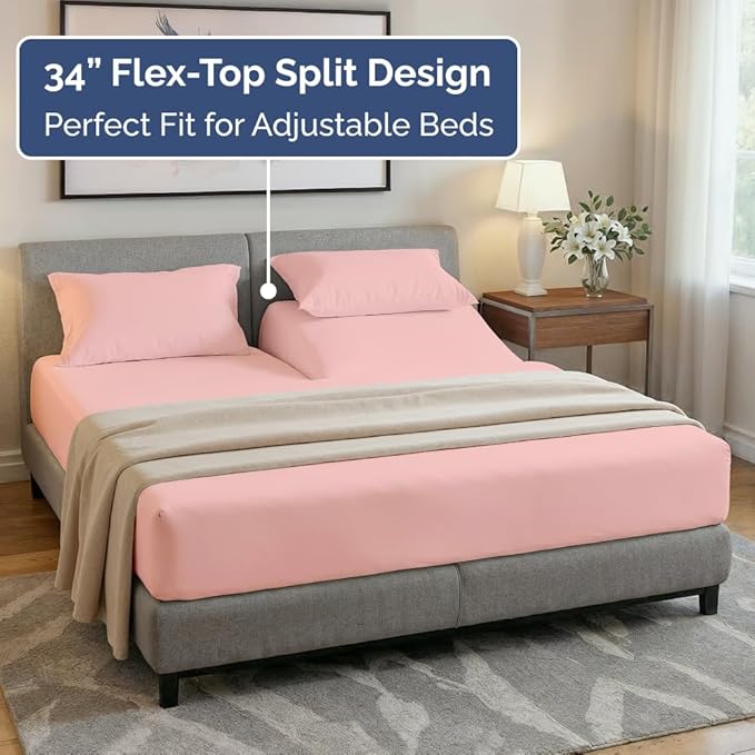 Split Head King Sheet Set – 4 Piece Flex Split Top King Sheets for Adjustable Beds - Fits 14” to 16" Mattress w/ Deep Pockets - Soft, Breathable & Cooling - Luxury Bedding and Wrinkle Free - Baby Pink
