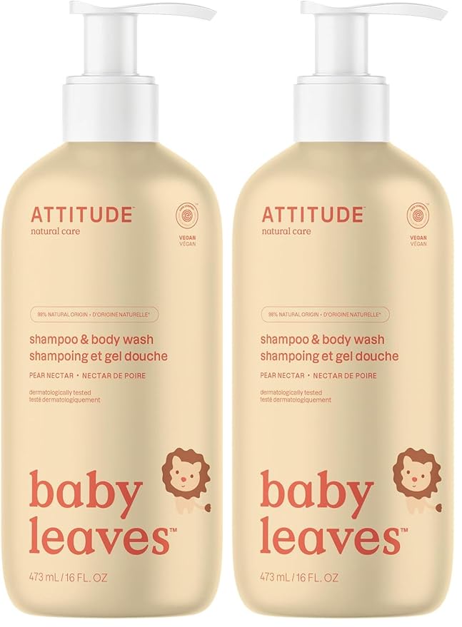 ATTITUDE 2-in-1 Shampoo and Body Wash for Baby, EWG Verified, Dermatologically Tested, Vegan, Pear Nectar, 16 Fl Oz, (Pack of 2)