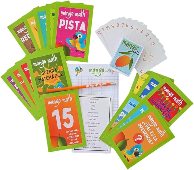 MANGO Math 15® - Math Flash Cards - Educational Math Games for Kids - Addition, Subtraction, Place Value Play & Learning Kit -2nd 3rd 4th Grades - Kids 6-12 - Set of 15 Games - Spanish Version