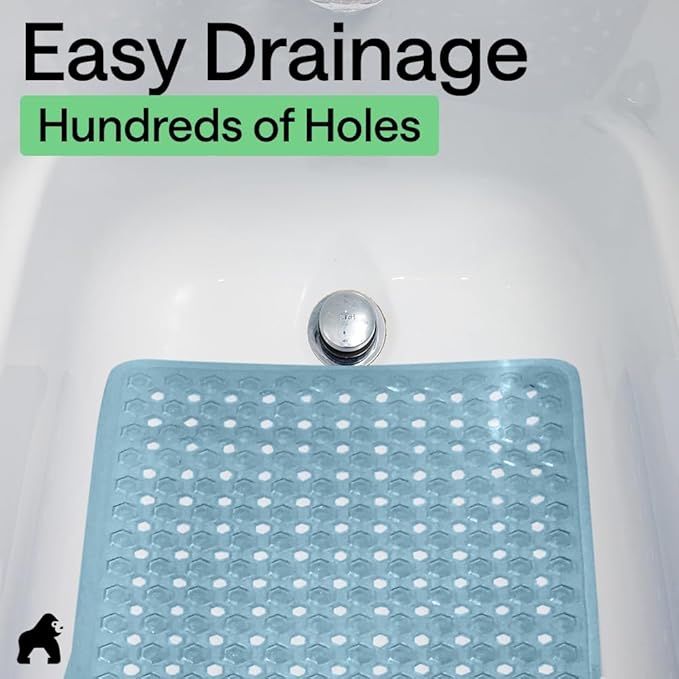 GORILLA GRIP Patented Bath Tub Shower Mat, Machine Washable Bathtub Floor Liner Mats, Suction Cups and Drain Holes to Keep Tubs Clean, Soft on Feet, Bathroom Essentials, 35x16 Inch, Clear Blue