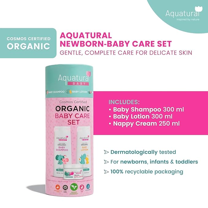 Organic Baby Essentials Bath Care Set - Certified Organic Baby Shampoo, Lotion & Nappy Cream - Dermatologist Tested, Newborn Safe, Gentle & Nourishing