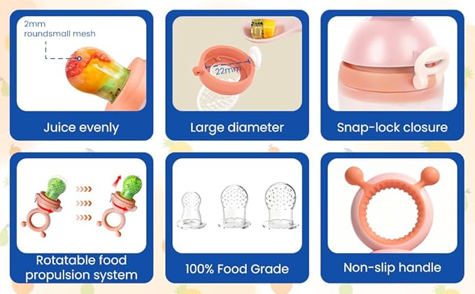 Baby Fruit Food Feeder Pacifier with 3 Different Size Silicone Pouch,Teethers for Babies 6-12Months, Baby Solid Food Essentials, Push Pop Silicone Feeder, Nutrition Feeder, BPA Free, 1 Pice, Orange