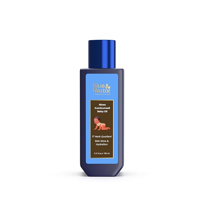Blue Nectar Baby Oil with Pure Kumkumadi Oil for Glow & Hydration | Ayurvedic Baby Massage Oil for New Born | 100% Natural & Safe Baby Product for Delicate Skin (17 Herbs, 3.38 Fl Oz)