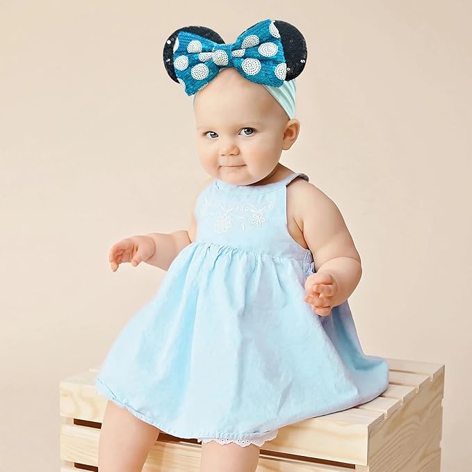 Baby Girl Mouse Ears Headbands with Sequin Bow, Wide Nylon Turban Hairband, Theme Park Headwear, Hair Bow Headband for Toddler, Kids, Party Supplies