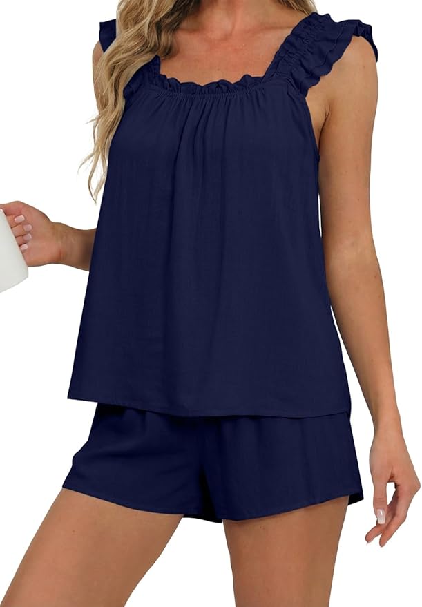 BLENCOT Maternity Pajamas Shorts Sets for Women 2 Piece Ruffle Sleeveless Round Neck Short Sleeve Outfits Pregnancy Clothes