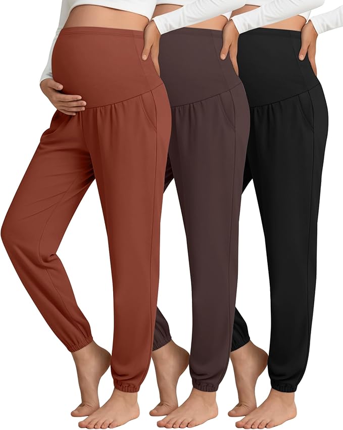 3 Pack Women's Maternity Pants Maternity Jogger Sweatpants Over The Belly Stretchy Pregnancy Pants with Pockets