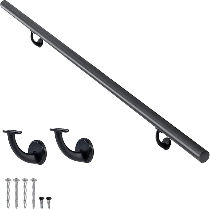 8FT Modern Aluminum Handrail Set, handrails for Indoor Stairs,Deck,Slope, Wall Mounted Staircase handrails, Zink Alloy Brackets Included,Rust Free. (Matte Black, 8 FT)