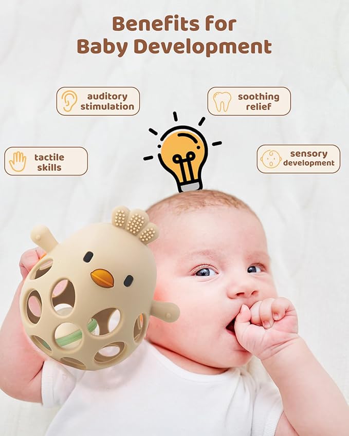 ChooKaChoo 2-in-1 Baby Teething Rattle Toy, Sensory Grasping Teether for Infants 3-12 Months, 100% Food-Grade Silicone, Easy to Hold, Soothing & Developmental, BPA Free
