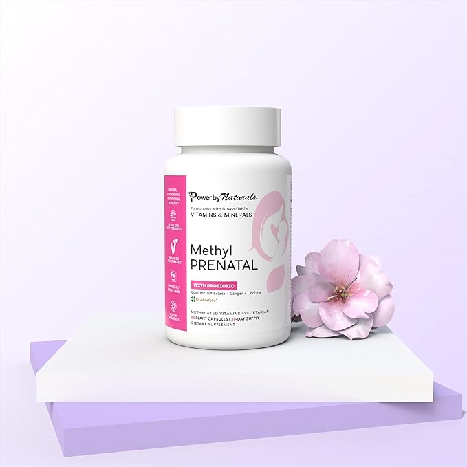 Power By Naturals Methyl Prenatal with Probiotics – Prenatal Vitamins for Women with Iron, Methyl Folate, Ginger, Active B12 & 27+ Essential Nutrients, Pregnancy Supplements, 60 Vegan Capsules