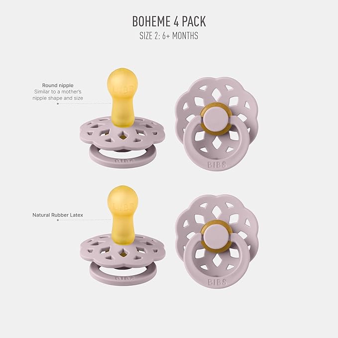BIBS Boheme Rubber Pacifier Set for 6–18 Months | BPA-Free Round Latex Nipple Soothers | Toddler Teat Set | Made in Denmark | 4-Pack | Dusty Lilac