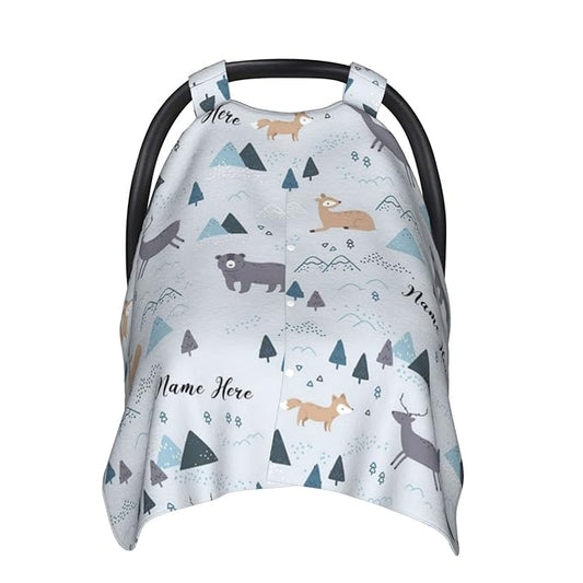 Personalized Deer and Bear Baby Car Seat Canopy for Babies with Name, Custom Car Seat Covers Boys Girls, Peekaboo Opening Minky Nursing Breastfeeding Cover Infant Car Seat Canopies for Newborn