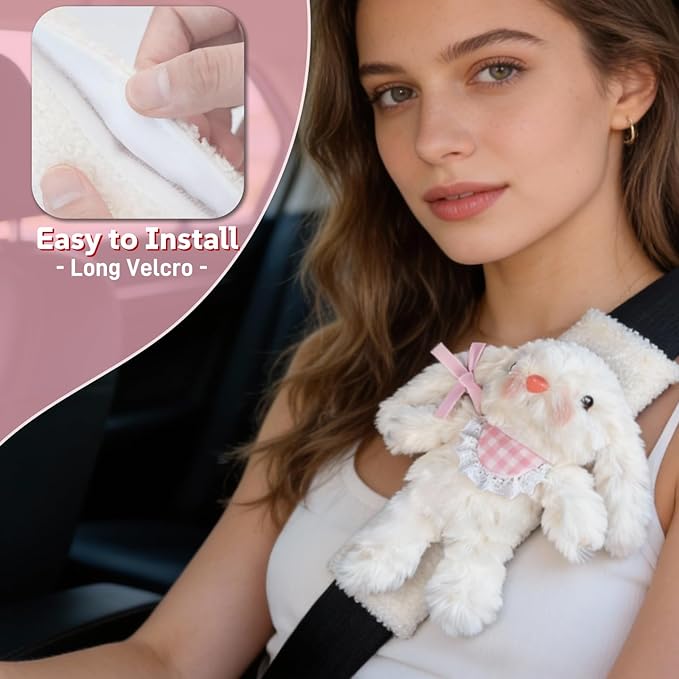 2 PCS Seat Belt Cover Pad, Cute Kawaii Animal Bunny Seatbelt Covers for Kids and Adults, Winter Plush Fluffy Soft Seat Belt Cover, Cartoon Seatbelt Cushion,Car Seat Strap Pads (A-Bunny(Pink))