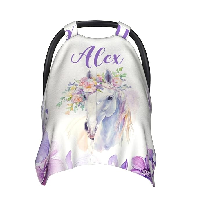 Personalized Baby Girl Car Seat Canopy for Babies, Custom Name Baby Car Seats Cover for Girls, Floral Horse Opening Minky Nursing Breastfeeding Covers for Infant, Carseat Canopies for Newborn