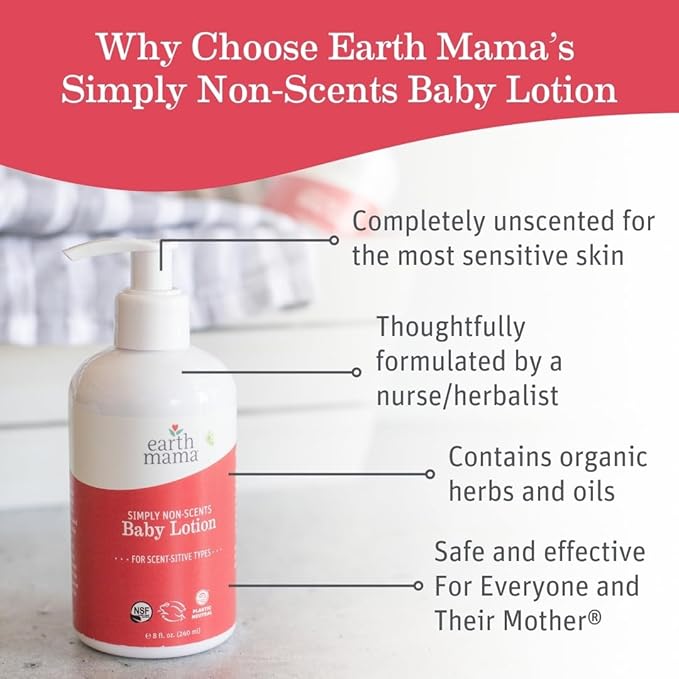 Earth Mama Simply Non-Scents Baby Lotion for Dry Skin, Calendula Cream for Newborn Skin Care, Organic Moisturizer for Children with Aloe Juice, Rooibos, & Shea Butter, Fragrance Free, 8-Fluid Ounce