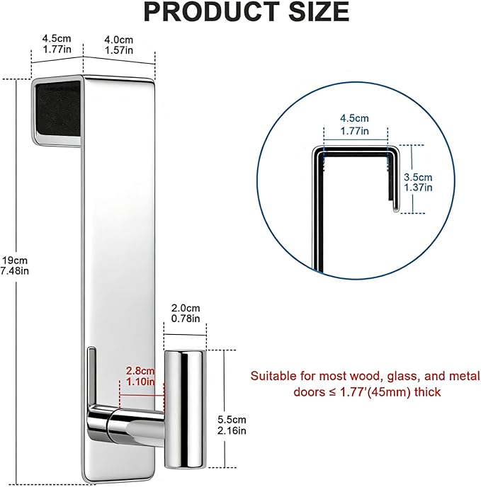 PMMASTO 2-Pack Over The Door Hooks - Rustproof Stainless Steel Door Hangers for 1-3/4 Inch Doors, Non-Marking and Tool-Free Easy Install (Polished Silver, T Shape-Fits 1-3/4" Thick Door)