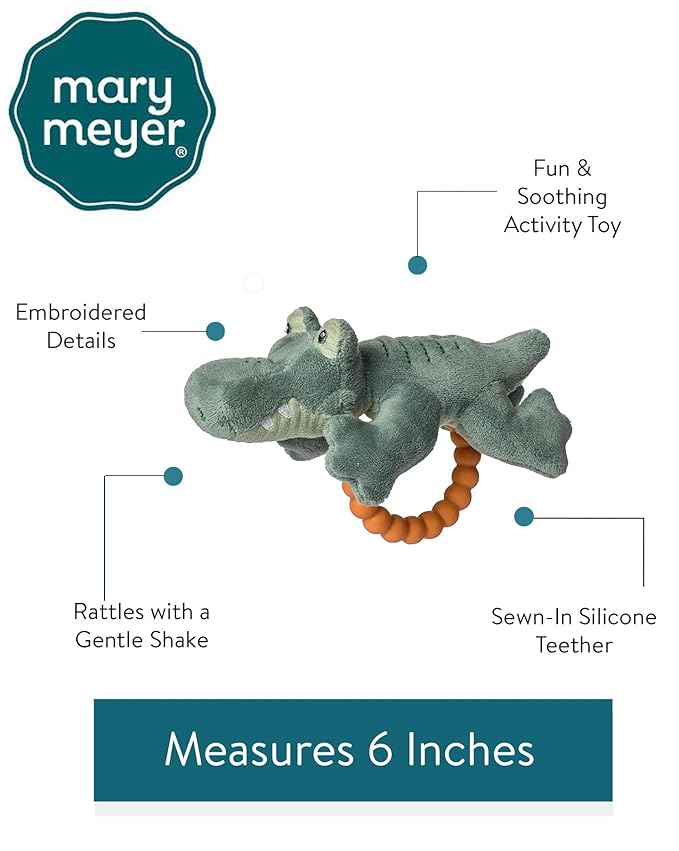 Mary Meyer Soft Baby Rattle with Soothing Teether Ring, 6-Inches, Afrique Alligator