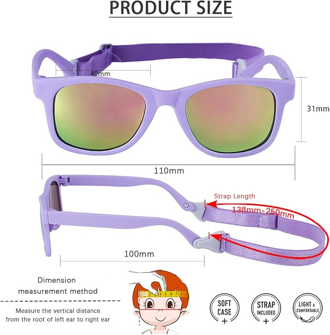 MAXJULI Baby Infant Sunglasses Safe, Soft, With Adjustable Strap 0-24 Months BPA Free 7002
