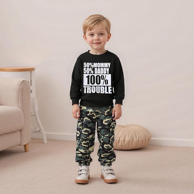 wdehow Toddler Kids Baby Boy Fall Outfits 1T 2T 3T 4T 5T Letter Print Long Sleeve Tops Camouflage Pants Winter Clothes Sets