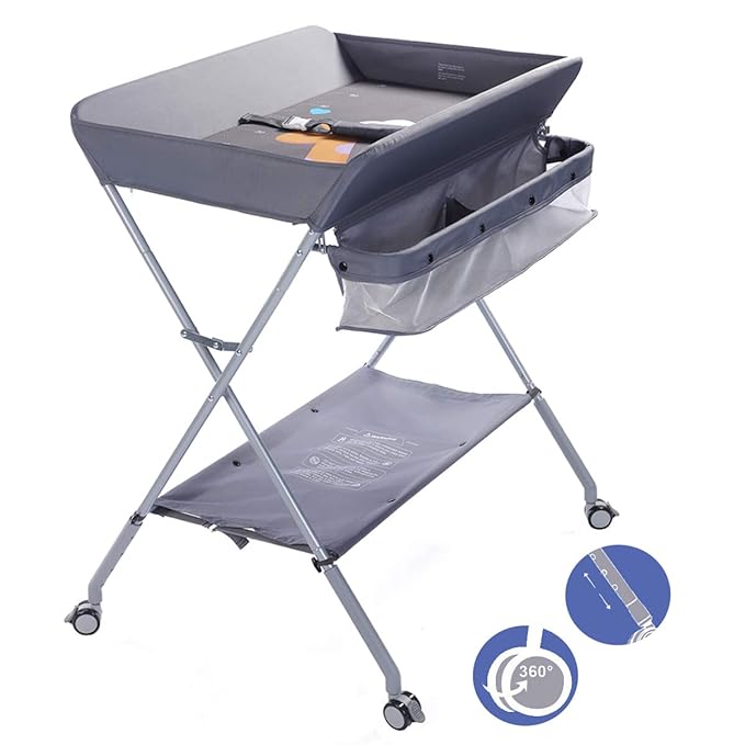 Baby Changing Table Portable Folding Diaper Changing Station with Wheels, Adjustable Height Mobile Nursery Organizer with Safety Belt and Large Storage Racks for Newborn Baby and Infant, Gray
