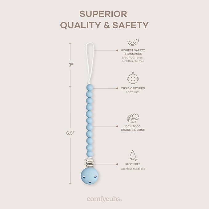 Comfy Cubs Pacifier Clips 2 Pack - 100% Food Grade Silicone Baby Pacifier Clips, BPA & PVC Free - CPSIA Certified, Lightweight and Flexible Baby Gifts - Sky Blue