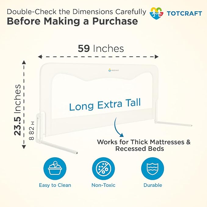 TotCraft Bed Rail for Toddlers & Infants – Universal Toddler Bed Rails for Twin, Full Size, Queen &King Beds with Thick Mattresses & Recessed beds - White 59W*23.5H (Pack of 1)