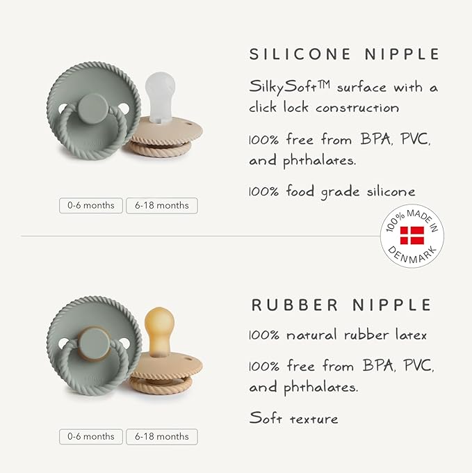 FRIGG Rope Natural Rubber Baby Pacifier | Made in Denmark | BPA-Free (Olive/Sage, 6-18 Months)