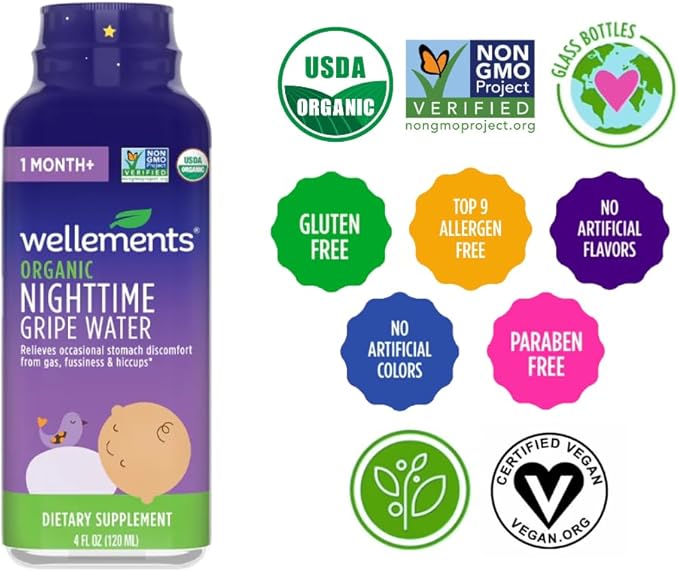 Wellements Organic Nighttime Gripe Water for Babies 1 Month+ (4 Fl Oz) - Baby Gripe Water for Bedtime Relief Gas, Colic & Fussiness - Herbs Promote a Peaceful Night’s Sleep - USDA Certified & Non GMO