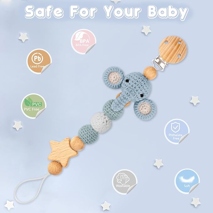 Pacifier Clip, Cute Animal Pacifier Holder Clip for Boys and Girls, Most Pacifiers, Baby Teethers, Baby Shower and Baby Essentials(Elephant)