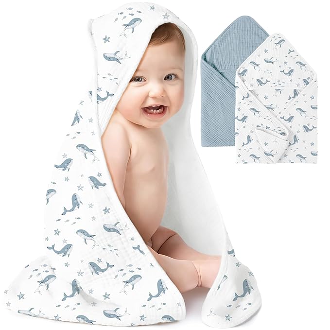 Konssy 2-Pack Muslin Hooded Baby Towels, 100% Cotton, Ultra-Soft & Absorbent Baby Bath Towels with Hood for Newborn & Infant (Blue, Blue Whale, 37.5" x 37.5")
