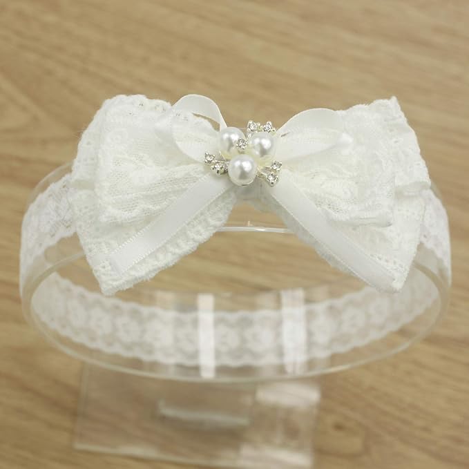 White Baby Bow Headband for Baptism Christening Satin Lace Hair Band with Cross for Toddler (B-white lace bow with imitation pearl, 0-6 months)