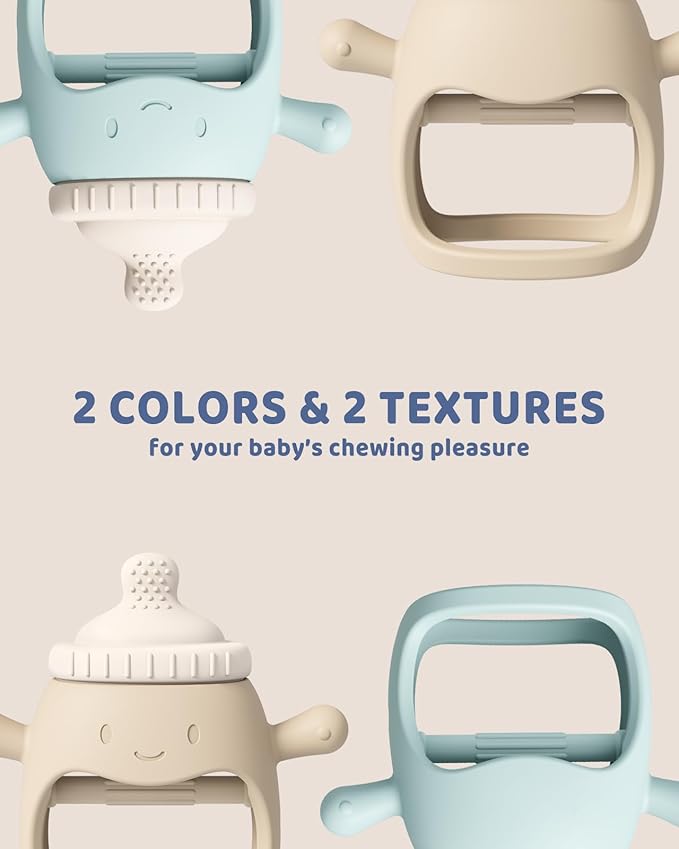 ChooKaChoo 2 Pack Baby Teething Toy for Over 3 Months, Food Grade Silicone Teething Mitten, Anti Dropping Wrist Hand Teethers Baby Chew Toys for Sucking Needs, BPA Free (BabyBottle Blue)