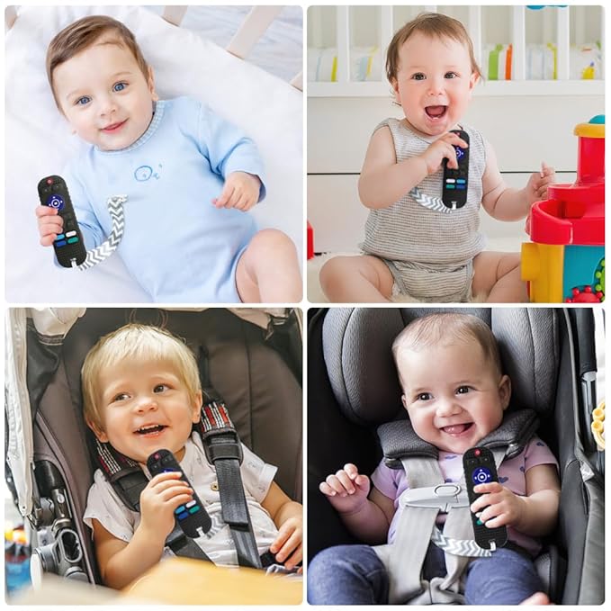 Silicone Baby Teething Toys, Remote Control Shape Teethers Toys with Teething Tubes and Pacifier Clip, Baby Teething Toys for 3 Months+, Remote Teething Toy BPA Free/Freezable/Dishwasher Safe(Black)