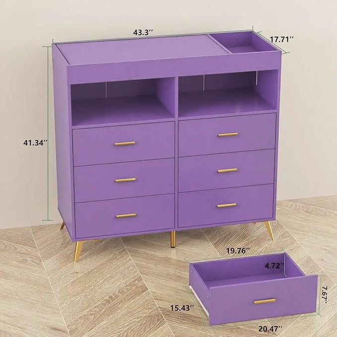 Baby Changing Table Dresser with 6 Drawers, Baby Nursery Dresser, LED Lights & Charging Station – Multifunctional Nursery Dresser with Removable Changing Top, Anti-Tip Design, Purple