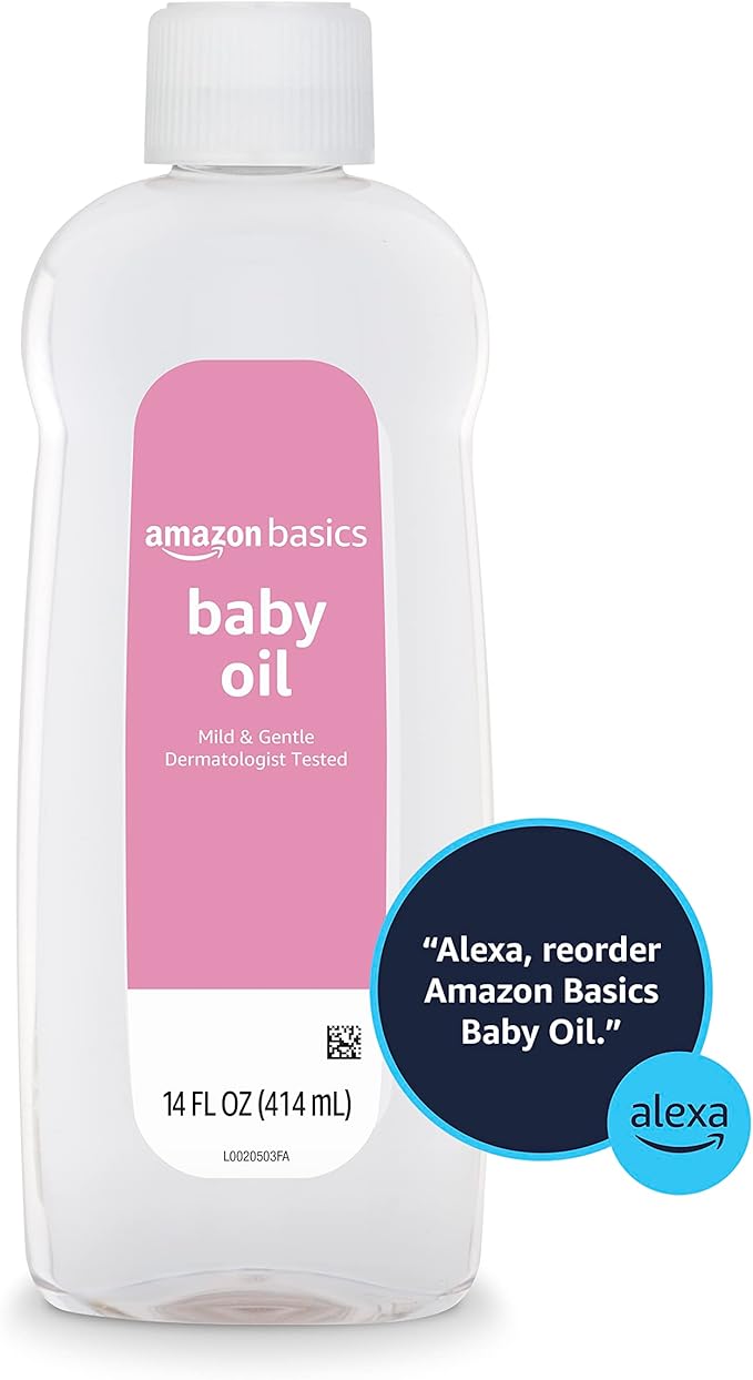 Amazon Basics Baby Oil, Mild & Gentle, Dermatologist Tested, Prevents Moisture Loss, Dry Skin Relief, 14 fl oz, 4-Pack (Previously Solimo)