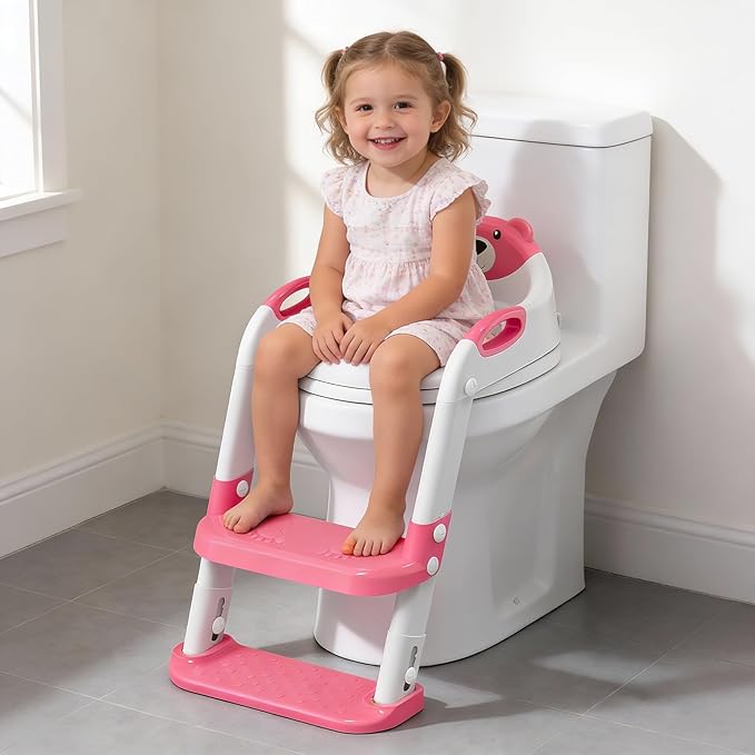 Potty Training Seat, SKYROKU Potty Training Toilet with Step Stool Ladder, for Kids Boys Girls Toddlers - Comfortable Safe Potty Seat with Anti-Slip Pads Ladder (8838+Pink)