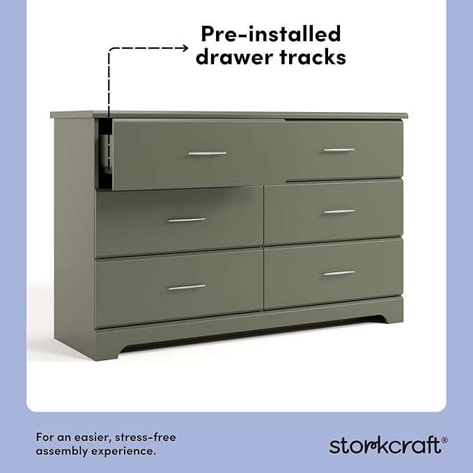Storkcraft Brookside 6-Drawer Dresser (Olive) – GREENGUARD Gold Certified, Green Dresser for Bedroom, Kids & Nursery Storage Chest, Safety Interlocking Drawers, Pre-Installed Tracks, Kids Chest