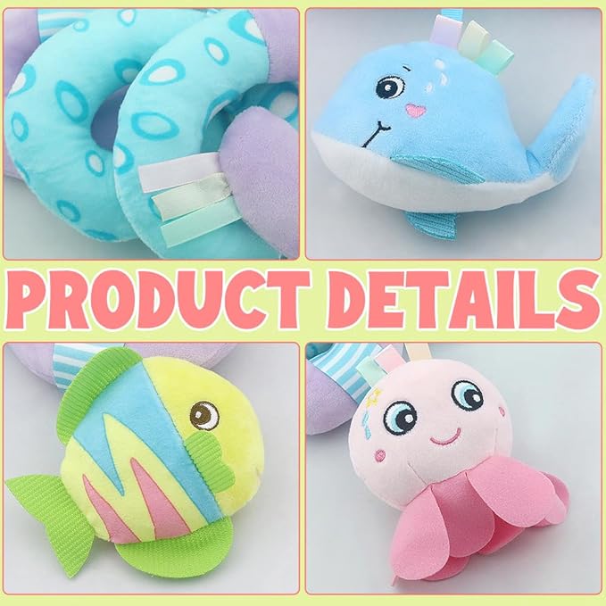 Caterbee Baby Stroller Toy, Activity Spiral Plush bar Toy Accessories, Car Seat Toys with Bell for boy or Girl 0 Months+ (Ocean)