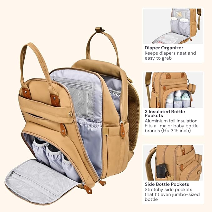 BabbleRoo Diaper Bag Backpack - Baby Essentials Travel Tote - Multi function Water Resistant Diaper Bag, Travel Essentials Baby Bag with Changing Pad, Stroller Straps & Pacifier Case - Unisex, Beige | Multi function, Waterproof, Diaper Bag, with Changi...