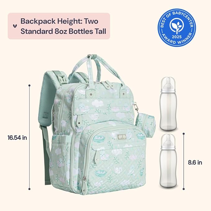 BabbleRoo Diaper Bag Backpack - Baby Essentials Travel Tote - Multi Function Water Resistant Diaper Bag, Travel Essentials Baby Bag with Changing Pad, Stroller Straps & Pacifier Case - Green Birdy | Baby Essentials, Travel Essentials, Baby Bag, with Ch...