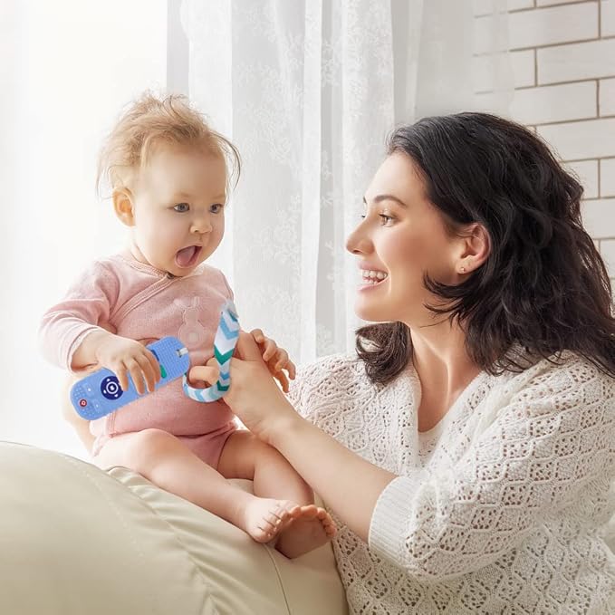 Silicone Baby Teething Toys, Remote Control Shape Teethers Toys with Teething Tubes and Pacifier Clip, Baby Teething Toys for 3 Months+, Remote Teething Toy BPA Free/Freezable/Dishwasher Safe(Blue)