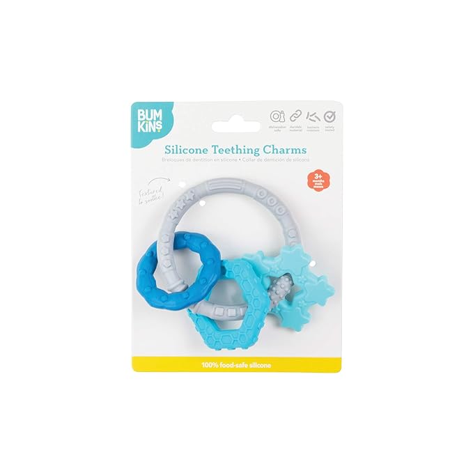 Bumkins Baby Teething Freezer Toy Keys Rings, Soft Flexible Pacifier to Chew, Cool Teether Gum Relief, Babies 3 Months, Freezable Platinum Silicone, Sensory Bracelet with Charms, Blue and Gray