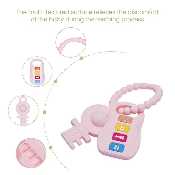 Silicone Baby Ring Toy with Two Teethers,Must Haves Teething Relief Chew Toys for 0-6,6-12 Months Boys and Girls,Newborns Essentials,Safe and Soft,BPA Free. (Keys)
